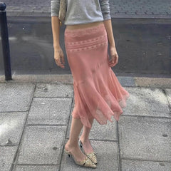 Cyflymder Women Lace Patchwork Low Waist Midi Skirt Ruffle Hem Flowy Fishtail Mesh Skirts Vintage Elegant Casual Party Long Skirt Autumn
