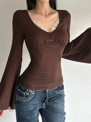 Cyflymder Autumn Temperament Lace Patchwork V Neck Flare Sleeve Solid Slim Sexy All Match Top Female