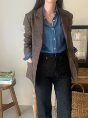 Cyflymder French Retro Classic Suit Jacket Women Fashion Single-breasted Woolen Suit Jacket Female Fall Winter Long Sleeve Outwear Coats