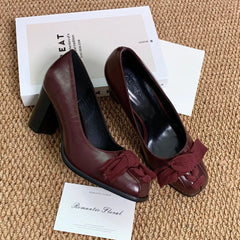 Cyflymder Vintage Square Toe High Heels for Women,Designer Bowknot Block Heel Slip-On Pumps,New Elegant Versatile Leather Shoes for Party