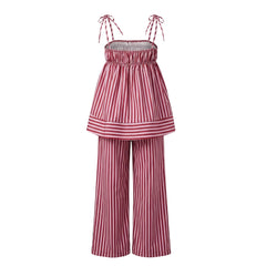Cyflymder Women Summer Y2K Striped Pajamas Set Tie Shoulder Ruffle Tank Tops and Straight Pants 2 Piece Casual Vacation Beach Outfit