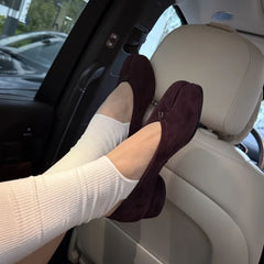 Cyflymder Tabi Shoes Heels for Women Elegant Purple Pleated Leather Mid Heel Pumps Spring Autumn Round Toe Slip-on Heeled Shoes Designer