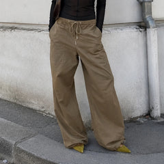 Cyflymder Women Drawstring Waist Cargo Pants Loose Wide Leg Bottom Hem Adjustable Drawstring Pocket Casual Streetwear Baggy Trousers