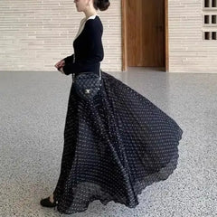 Cyflymder Women's Clothing Korean Polka Dot Long Skirts Vintage High Waist Spring Summer Aura Basic A-Line Stylish Folds Elegant Skirts