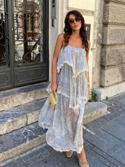 Cyflymder Bohemian Ruffles Floral Print Ruffles Evening Dress Casual Vacation Style Long Dress Fashion Irregular Patchwork Suspender Robe