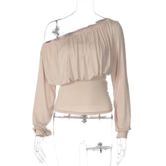 Cyflymder Off Shoulder Ruched Waist-cinching Top Women Solid Color Slanted Collar Long Sleeve Casual T-shirt Y2K Hot Girl Sexy Tee