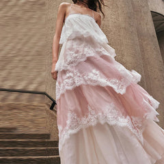 Cyflymder Pink White Lace Tiered Maxi Dress For Women Sleeveless Spaghetti Strap Ruffle Flowy Bohemian Summer Vacation Beach Prom Dress