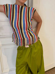 Cyflymder Women Multicolor Stripe Fringe Hem Sleeveless Knit Top Boho Crew Neck Slim Cropped Blouses Ladies Daily Vacation High Street Tee