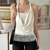 Cyflymder Women's Halter Cowl Neck Top Sleeveless Lace Trim Hem Slim Fit Y2K Coquette Style Vintage Blouse Casual Daily Date Outfits