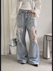 Cyflymder Summer Women's Large Hole Patchwork Lace Jeans High Waist Wide Legs Trousers Cool Girl Casual Bottoms Female Denim Pants