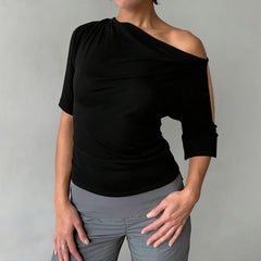 Cyflymder Women's Elegant Black Cold Shoulder Top with Draped Neckline Ruched Waist Short Flared Sleeves Casual & Chic Crop Clothes