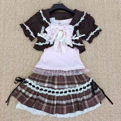 Cyflymder Vintage Sweet Lolita Style 3 Piece Sets Women Kawaii Ruffles Cardigan Pink Bow Straps Tops Fashion Y2k Plaid A Line Skirts Suit