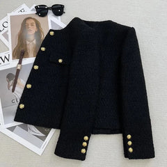 Cyflymder Black Small fragrant style Short Jacket Women's Top 2025 Autumn Winter New Round neck Thicken coarse Tweed Coat Female Outwear