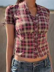 Cyflymder Women’s Plaid Print Shirts Short Sleeve V Neck Fit Frill Trim Tops Summer Blouses