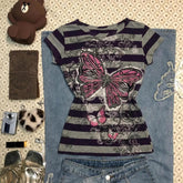 Cyflymder Aesthetic T-shirt Slim Goth Punk Harajuku Stripe Crop Top Vintage Woman Clothes O-Neck Hot Girl Y2k 90s Summer Fashion Print Tee