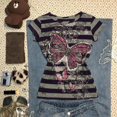 Cyflymder Aesthetic T-shirt Slim Goth Punk Harajuku Stripe Crop Top Vintage Woman Clothes O-Neck Hot Girl Y2k 90s Summer Fashion Print Tee