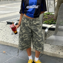 Cyflymder American Retro Cargo Bermuda Shorts Loose Knee Length Denim Shorts with Drawstring Y2K Aesthetic Grunge Women Jorts
