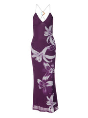 Cyflymder 2026 Women's Sexy Deep V Neck Sheer Floral Print Backless Spaghetti Strap Dress Summer Sleeveless Long Holiday Beach Dress