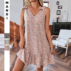 Cyflymder Spring and Summer New Women's Clothing V-neck Bow Floral Vest Dress
