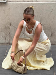 Cyflymder Yellow Loose Cake Maxi Skirt Female Lace Up Patchwork Casual Low-Waist Streetwear Solid Clothes Female Maxi Skirts 2026