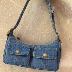 Cyflymder Women Denim Vintage Satchel Bag High Quality Cowboy Shoulder Bag Multi-pocket Designer Handbags Commuting Totes Bag for Ladies