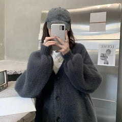 Cyflymder Cardigan Sweater Women V-neck Long Sleeve Top Solid Lazy Wind Soft Simple Warm Coat Vintage Single Breasted Knitwear Sweater