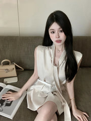 Cyflymder Fashionable Socialite Satin Ribbon V-neck Dress for Women's Summer New Irregular Temperament High Waisted Slim A-line Skirt