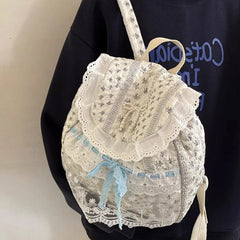 Cyflymder Korean Lace Patchwork Sweet Bow Backpack Women Students Chic Flower Print Bow Schoolbags Y2k Aesthetic Girls All Match Backpacks