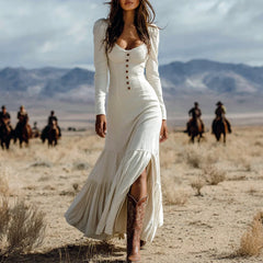 Cyflymder Vintage U Neck Button Pleated Long Dress for Women Solid Split Bohemian Style Spring Long Sleeve Slim Maxi Dress