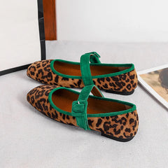 Cyflymder Mary Jane Flat Bottom Shoes Spring New Style Leopard Print Single Strap Korean Style Women's Low Heel Velvet Surface