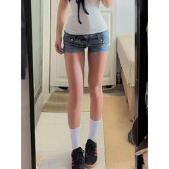 Cyflymder Y2k American Vibe Low Waist Distressed Denim Shorts Women Rolled Hem Frayed Edge Denim Shorts Retro Chic Streetwear Summer Daily