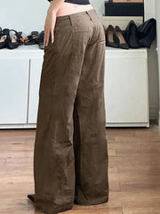 Cyflymder Brown Wide Leg Women's Jeans Y2K Grunge Style Low Rise Baggy Denim Pants Vintage Retro Casual Streetwear Korean Fashion Trousers