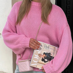 Cyflymder Women Casual Oversized Knit Sweaters Fall Winter Long Sleeve Round Neck Solid Color Pullovers Loose Fit Jumper Knitwear Tops