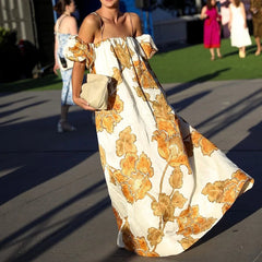 Cyflymder Women Elegant Patterns Print Loose Party Dress Fashion Hight Waist Suspender Dress Sexy Off Shoulder Short Sleeve Vacation Dress