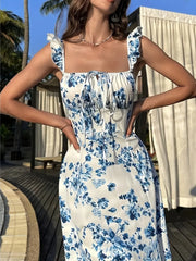 cSummer Sexy Bal Strap Long Dr Split One-oulder Print Comfortable Soft Polyester Fiber No-Sve Adjustable Waist