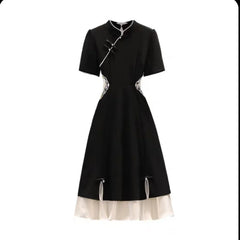 Cyflymder Chinese Improved Hanfu Cheongsam Dress Women A Line Qipao New Fashion Style Short Sleeve Casual Daily Lady Cheongsam Dress