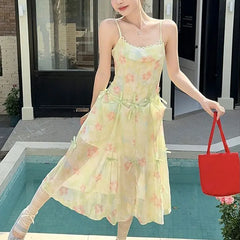 Cyflymder Sweet Vacation Style Strap Long Dress Women's Clothing Broken Flowers Summer A-Line Fashion Bow Three Ways of Wearing Dresses