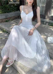 Cyflymder Temperament Dresses Women Sexy V Neck Sleeveless Mesh Patchwork Backless Slim Sweet Elegant Party Dress Ladies Chic