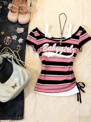 Cyflymder Woman Clothes T-shirt Y2k Fake 2Piece Slim Goth Punk Vintage Streetwear Stripe Backless Print Crop Top Harajuku Summer 90s Chic