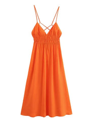 Cyflymder Orange Backless Tie Up Sexy Summer Women Dress V Neck A-line Beach Slip Dress Spaghetti Strap Party Midi Vestidos