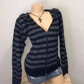 Cyflymder Sweet Cool Vintage Gothic Constrast Color Striped Hooded Coat Y2k Aesthetic High Street All Match Casual Cardigan Punk Lazy Tops
