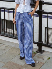 Cyflymder Summer Women Oversize Casual Striped Print Long Pants Drawstring Elastic Waist Loose Straight Pants with Pockets Streetwear