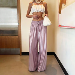 Cyflymder Summer New Women's Pink Satin Loose Wide Leg Pants Fashionable High Waisted Drawstring Casual Versatile Straight Leg Pants