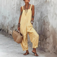 Cyflymder Women's Summer Jumpsuit Sleeveless Striped Casual Romper High Waist Wide Leg Overalls Blue Striped Backless Cropped Cuff