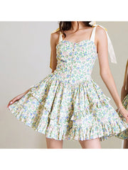 Cyflymder Elegant Sleeveless Floral Print Mini Dress with Bow Tie Shoulder Detail and Flirty Ruffle Hem - A Line Swing Dress for Women