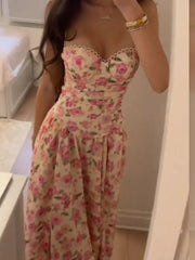 Cyflymder Elegant Maxi Dress For Women Thin Spaghetti Strap Sweetheart Neck Lace Trim Floral Print Long Skirt Lady's Party Dating Frock