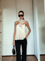 Cyflymder Sleeveless Blouse For Women Trendy Lace Neck Spaghetti Strap Deep V Open Back Pleated Hem T-shirt Office Casual Lady's Top