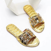 Cyflymder Shoes Woman Multicolored Sandals Rivet Slippers Soft Low Gold Comfort Flat Back Strap Metal Decoration Round Toe Lace