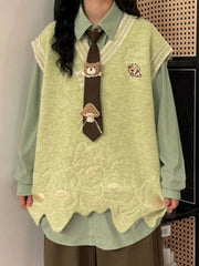 Cyflymder Japanese Cartoon Embroidery Women Sweater Vest Harajuku Loose Patchwork Waistcoat Y2k Aesthetic Irregular Knitted Grunge Tanks