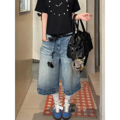 Cyflymder American Vibe Retro Plus Size High Waist Denim Capri Pants Women Distressed Frayed Wide Leg Capri Pants Streetwear Daily Outfit